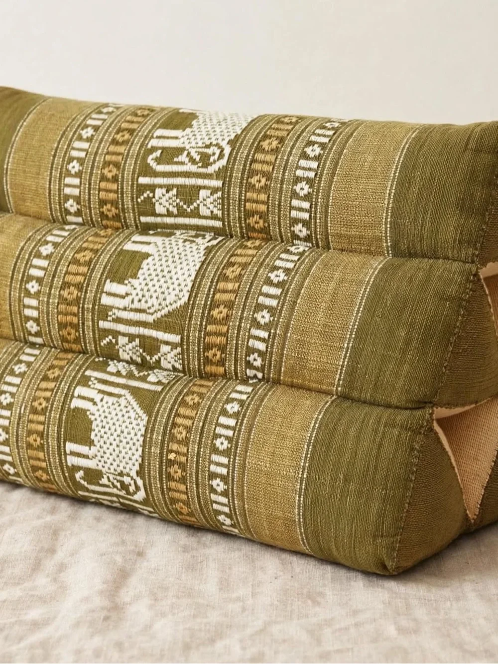 Olive Green Elephant Pattern Triangular Floor Cushion Pillow- Thai Traditional